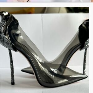 Le Silla Petalo Gunmetal Rhinestone Stiletto Heels 38 size 8 Pump 120mm